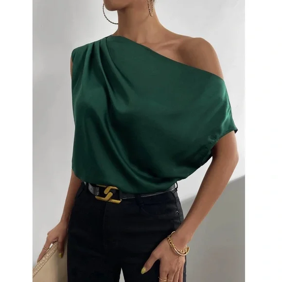 Dark Green Satin Draped Asymmetrical Blouse Top - Picture 6 of 12